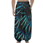 Turquoise Tropical Leaves Print Lantern Pants