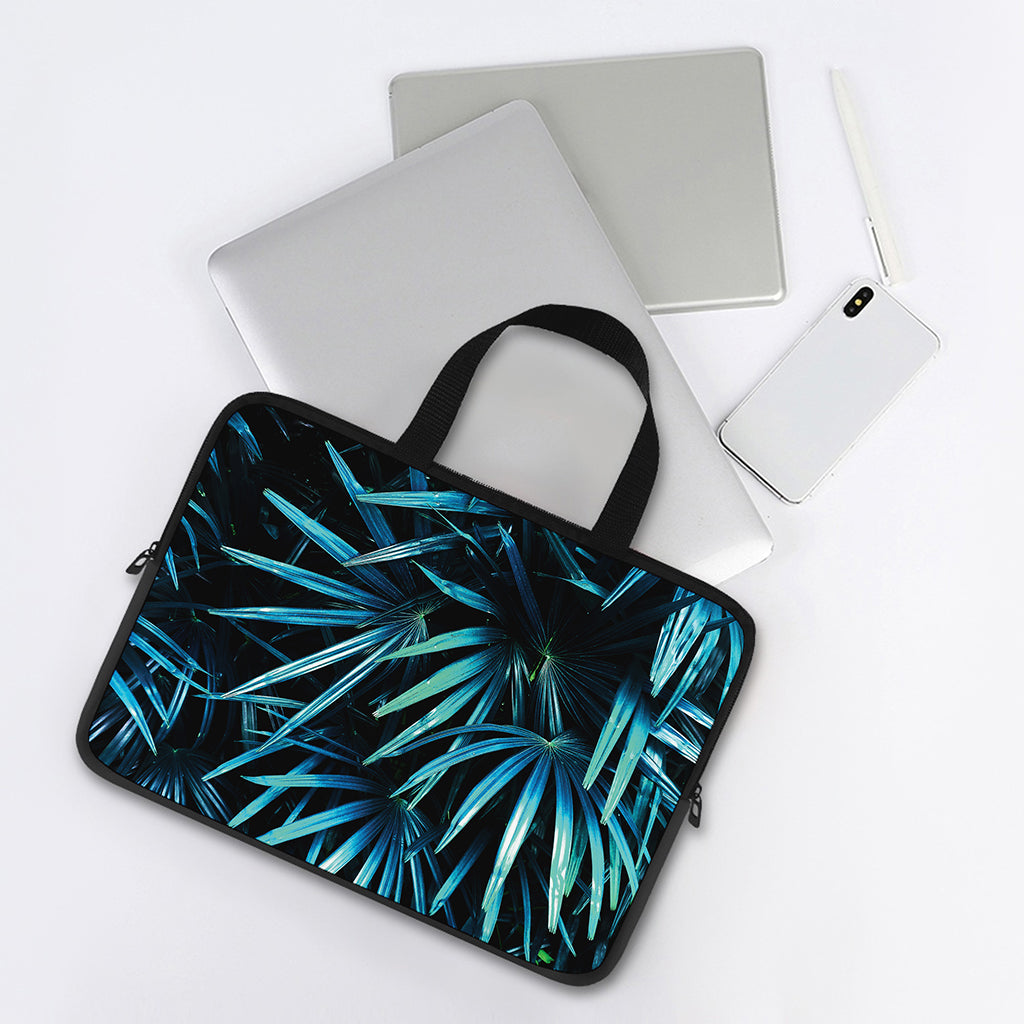 Turquoise Tropical Leaves Print Laptop Sleeve With Handle