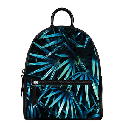 Turquoise Tropical Leaves Print Leather Backpack