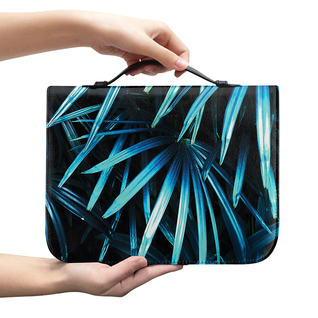 Turquoise Tropical Leaves Print Leather Bible Cover