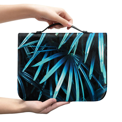 Turquoise Tropical Leaves Print Leather Bible Cover
