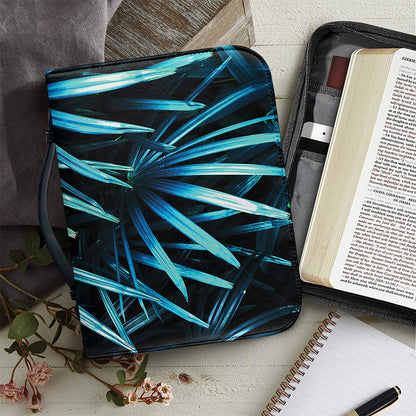 Turquoise Tropical Leaves Print Leather Bible Cover