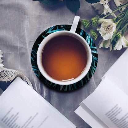 Turquoise Tropical Leaves Print Leather Coaster Set