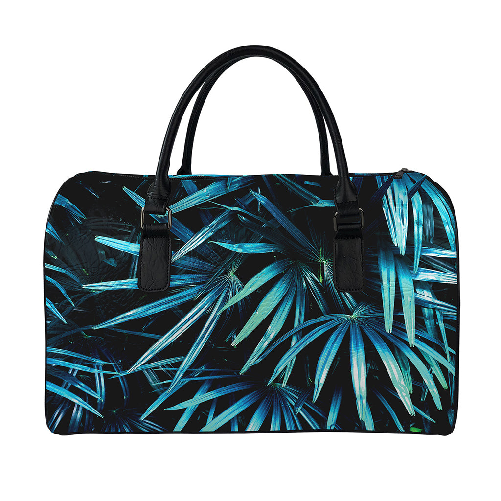 Turquoise Tropical Leaves Print Leather Duffle Bag