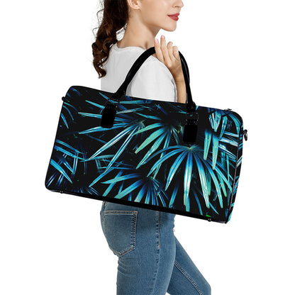 Turquoise Tropical Leaves Print Leather Duffle Bag