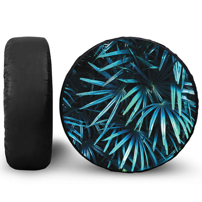 Turquoise Tropical Leaves Print Leather Spare Tire Cover
