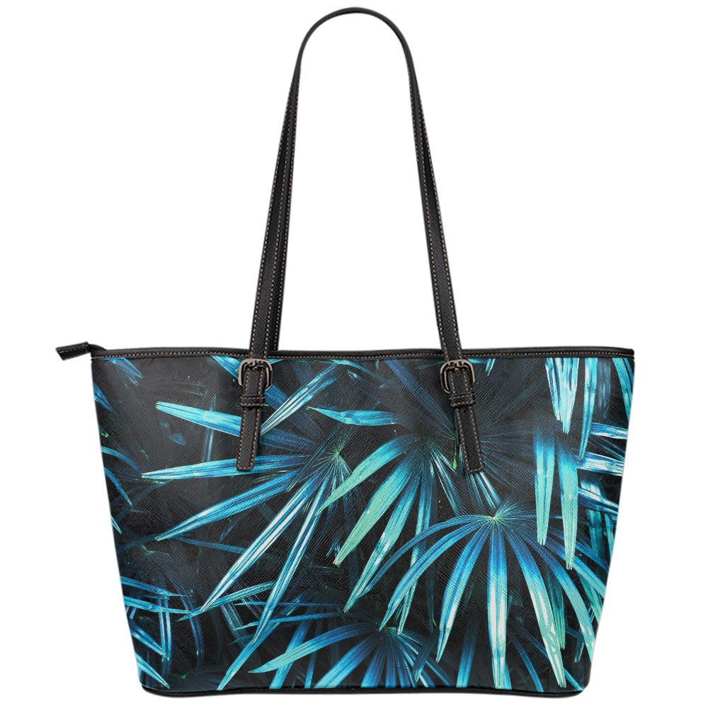 Turquoise Tropical Leaves Print Leather Tote Bag