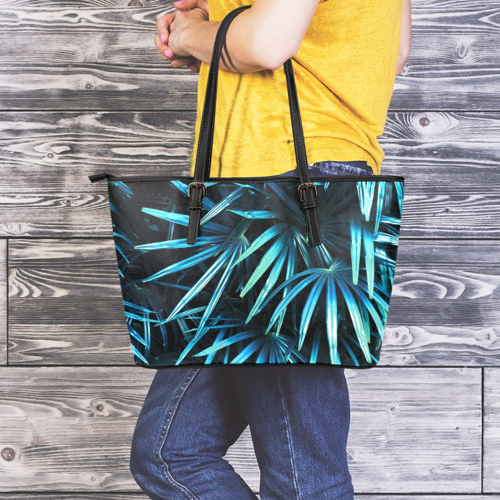 Turquoise Tropical Leaves Print Leather Tote Bag