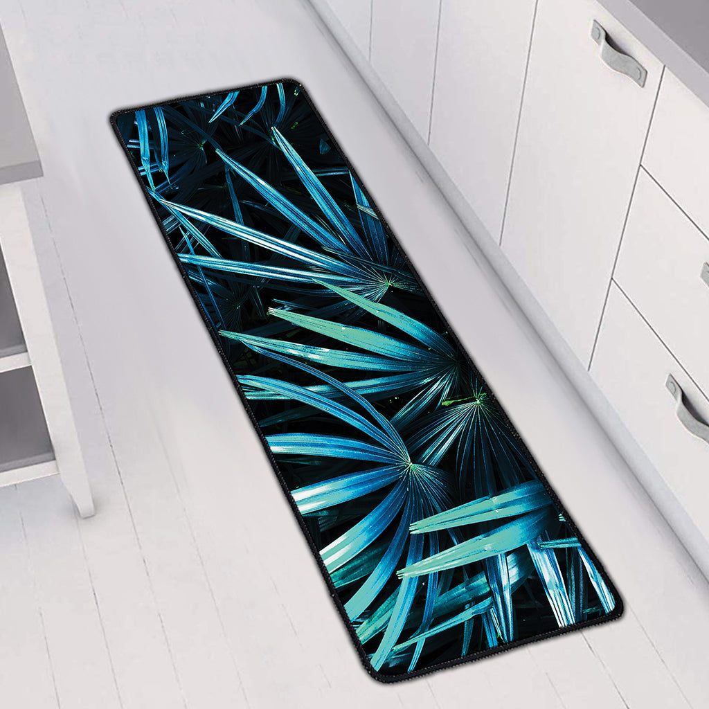 Turquoise Tropical Leaves Print Long Kitchen Mat