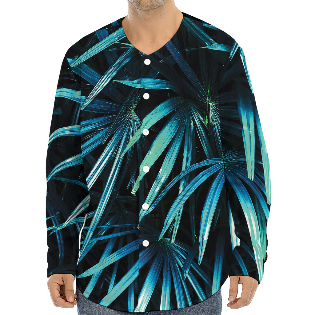 Turquoise Tropical Leaves Print Long Sleeve Baseball Jersey