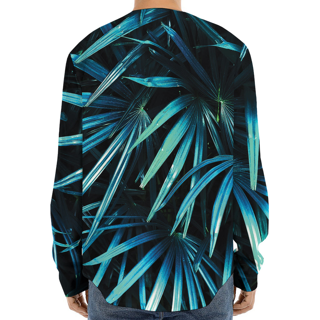 Turquoise Tropical Leaves Print Long Sleeve Baseball Jersey