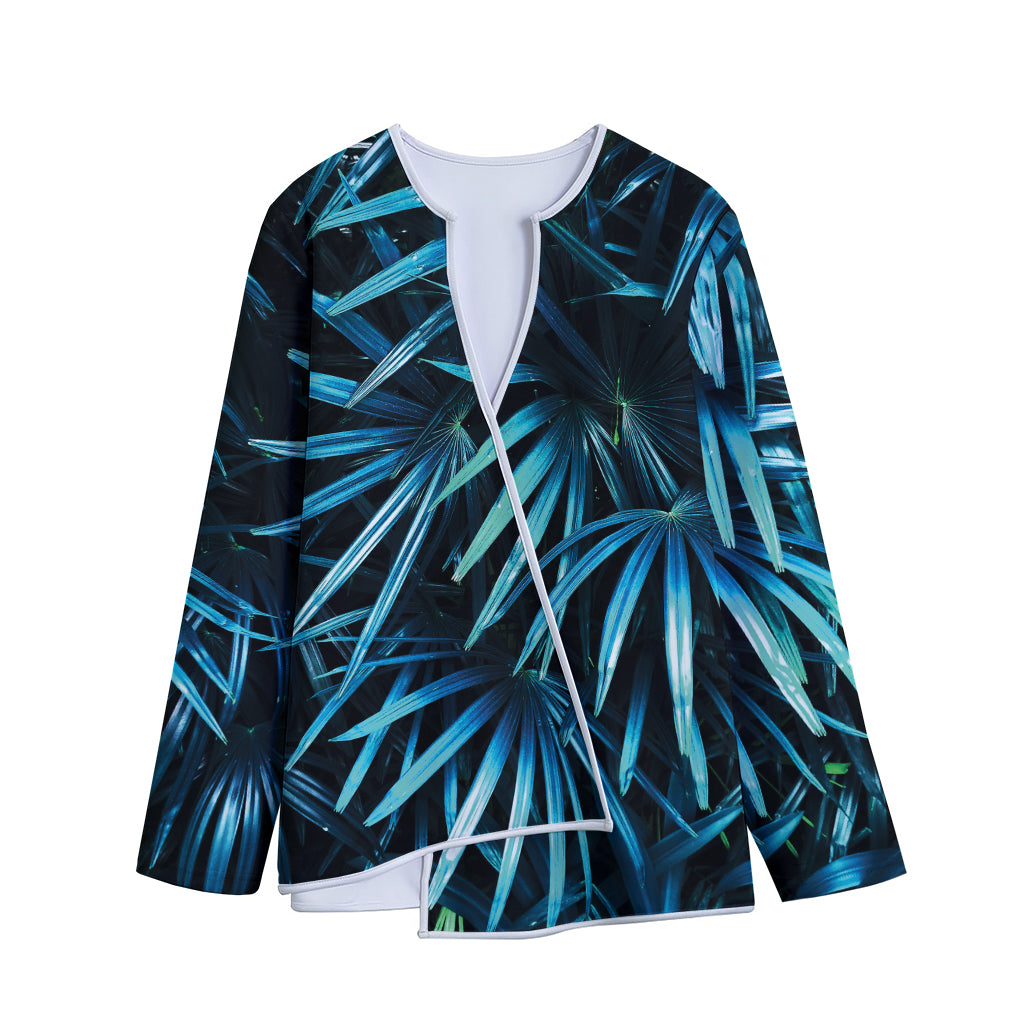 Turquoise Tropical Leaves Print Long Sleeve Short Coat