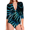 Turquoise Tropical Leaves Print Long Sleeve Swimsuit
