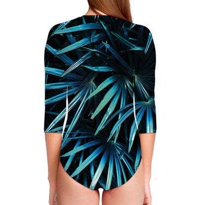 Turquoise Tropical Leaves Print Long Sleeve Swimsuit