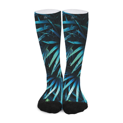 Turquoise Tropical Leaves Print Long Socks