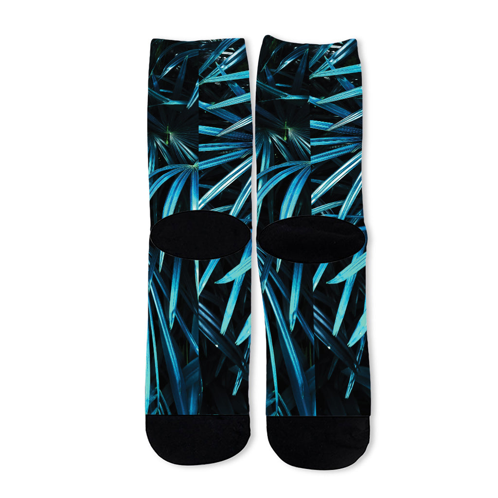 Turquoise Tropical Leaves Print Long Socks