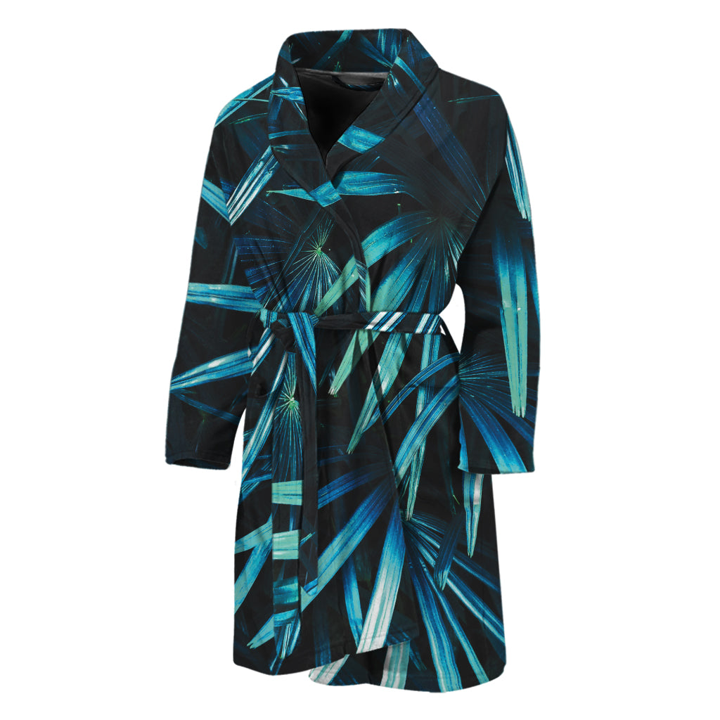 Turquoise Tropical Leaves Print Men's Bathrobe