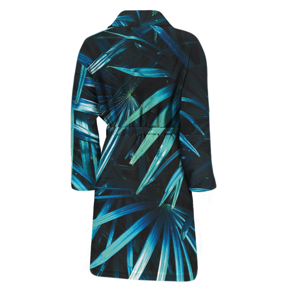 Turquoise Tropical Leaves Print Men's Bathrobe