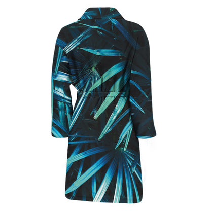 Turquoise Tropical Leaves Print Men's Bathrobe