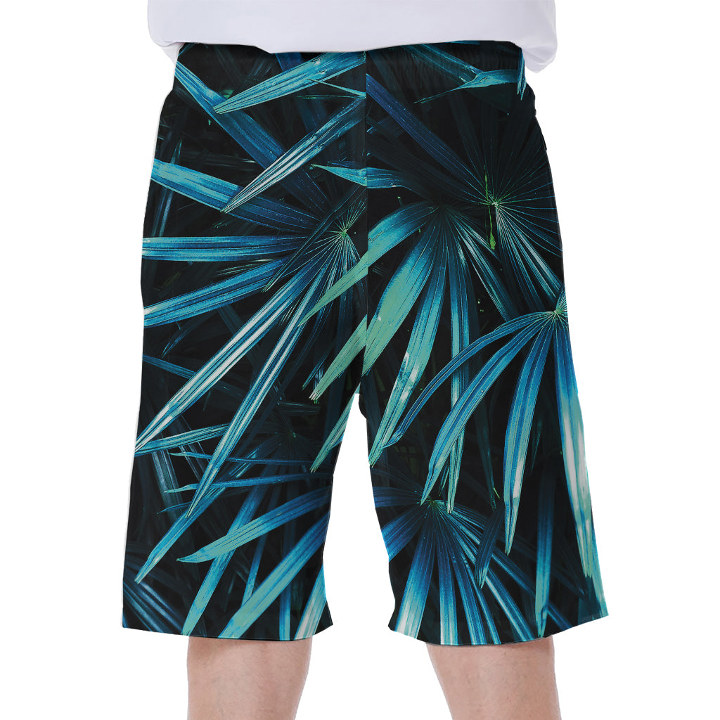 Turquoise Tropical Leaves Print Men's Beach Shorts