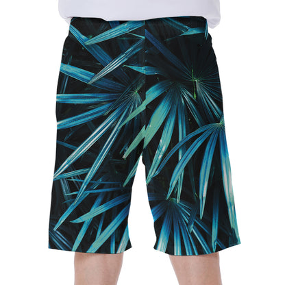 Turquoise Tropical Leaves Print Men's Beach Shorts