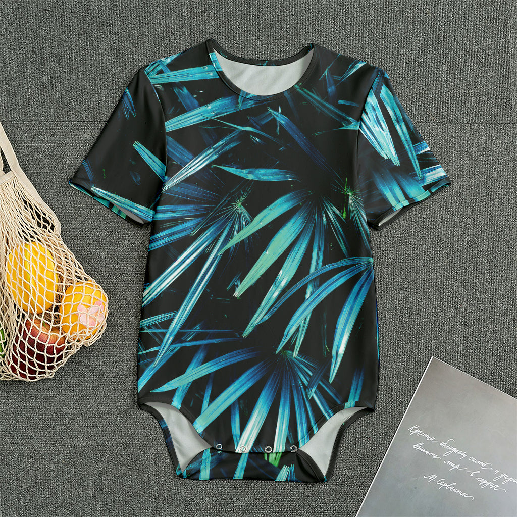 Turquoise Tropical Leaves Print Men's Bodysuit