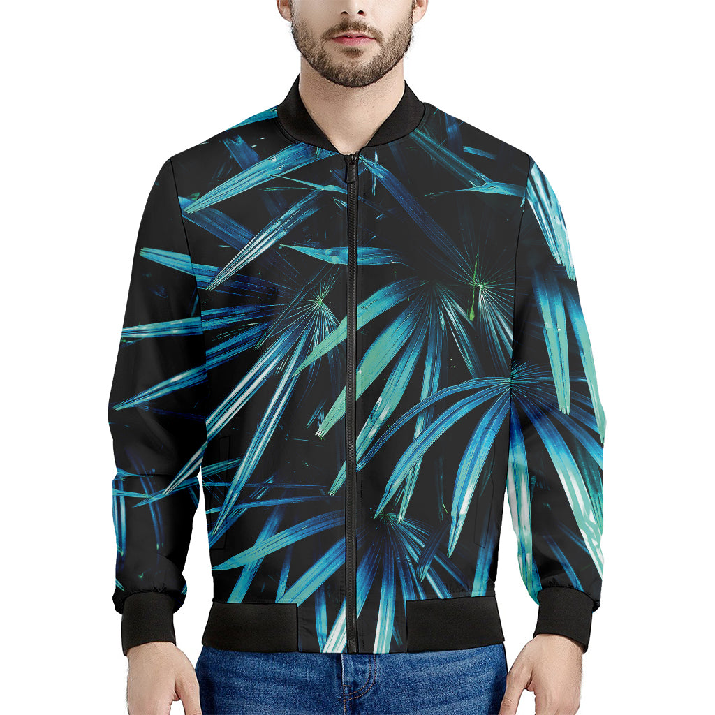 Turquoise Tropical Leaves Print Men's Bomber Jacket