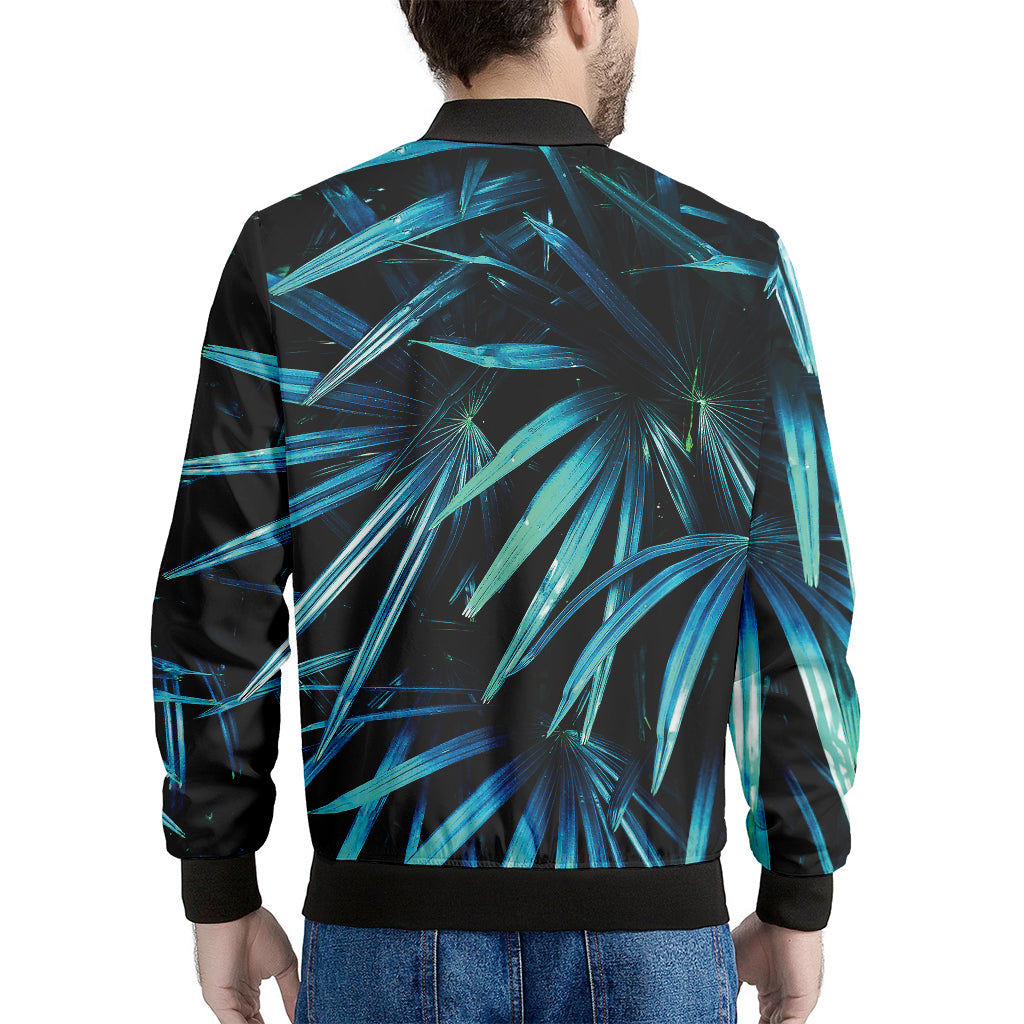 Turquoise Tropical Leaves Print Men's Bomber Jacket