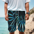Turquoise Tropical Leaves Print Men's Cargo Shorts