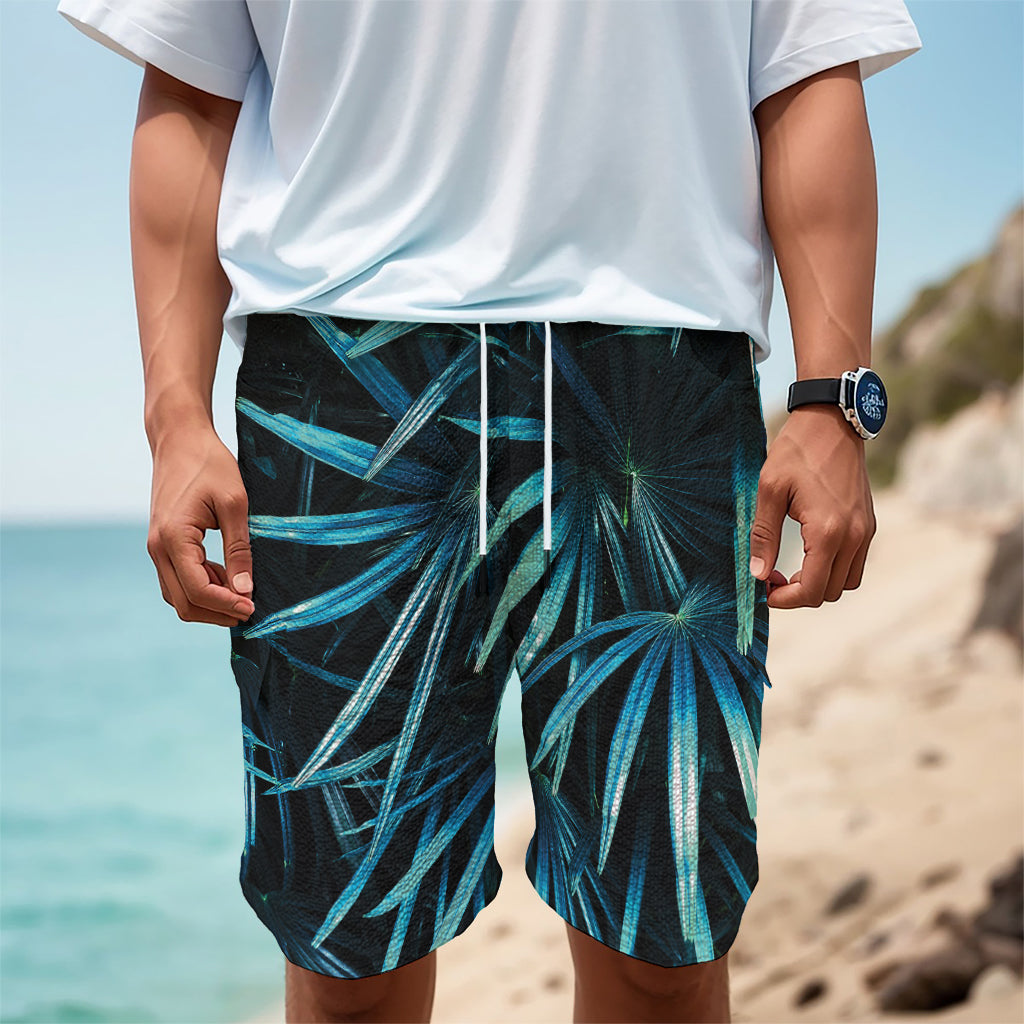 Turquoise Tropical Leaves Print Men's Cargo Shorts