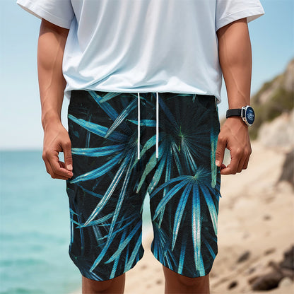 Turquoise Tropical Leaves Print Men's Cargo Shorts