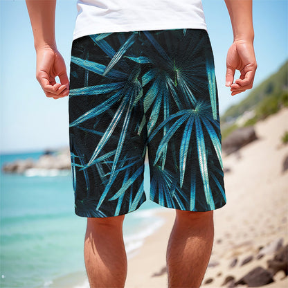 Turquoise Tropical Leaves Print Men's Cargo Shorts