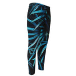 Turquoise Tropical Leaves Print Men's Compression Pants