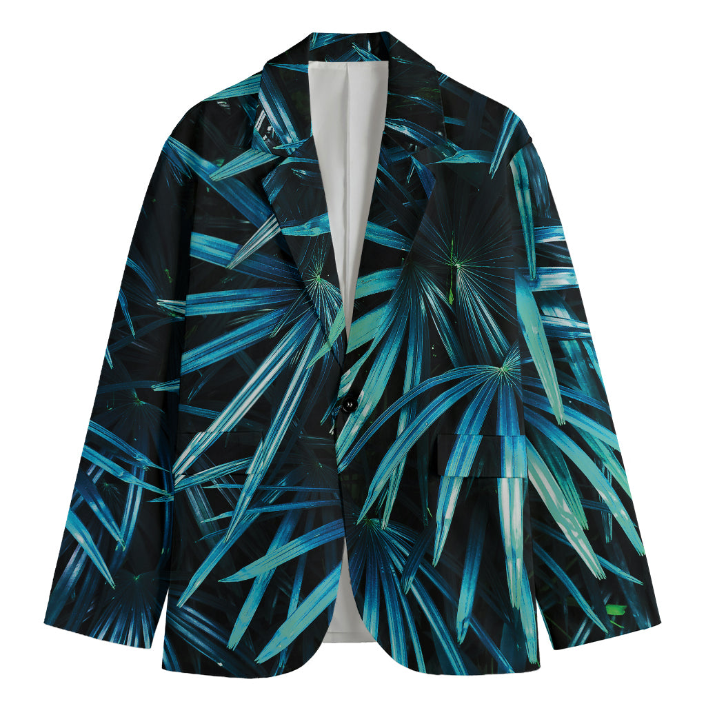 Turquoise Tropical Leaves Print Men's Cotton Blazer