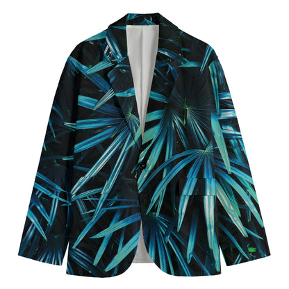 Turquoise Tropical Leaves Print Men's Cotton Blazer