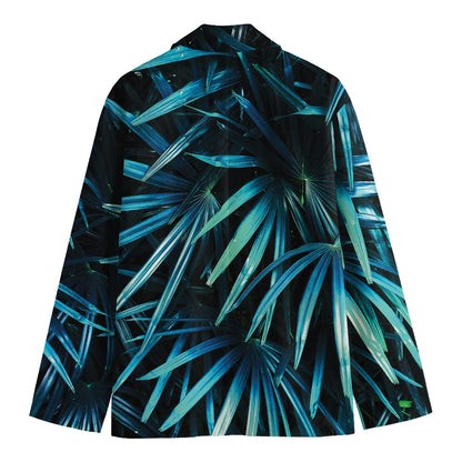 Turquoise Tropical Leaves Print Men's Cotton Blazer