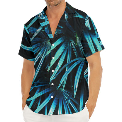 Turquoise Tropical Leaves Print Men's Deep V-Neck Shirt
