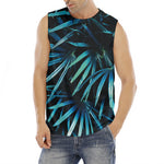 Turquoise Tropical Leaves Print Men's Fitness Tank Top