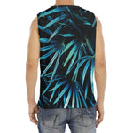 Turquoise Tropical Leaves Print Men's Fitness Tank Top