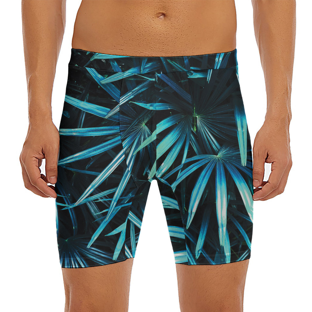 Turquoise Tropical Leaves Print Men's Long Boxer Briefs