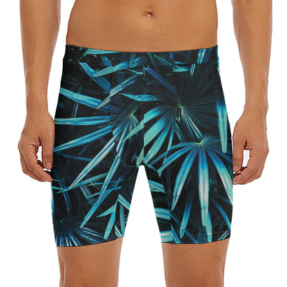 Turquoise Tropical Leaves Print Men's Long Boxer Briefs