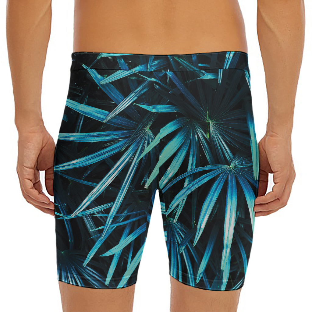 Turquoise Tropical Leaves Print Men's Long Boxer Briefs