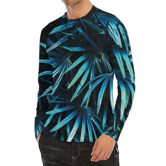 Turquoise Tropical Leaves Print Men's Long Sleeve Rash Guard