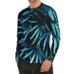 Turquoise Tropical Leaves Print Men's Long Sleeve Rash Guard