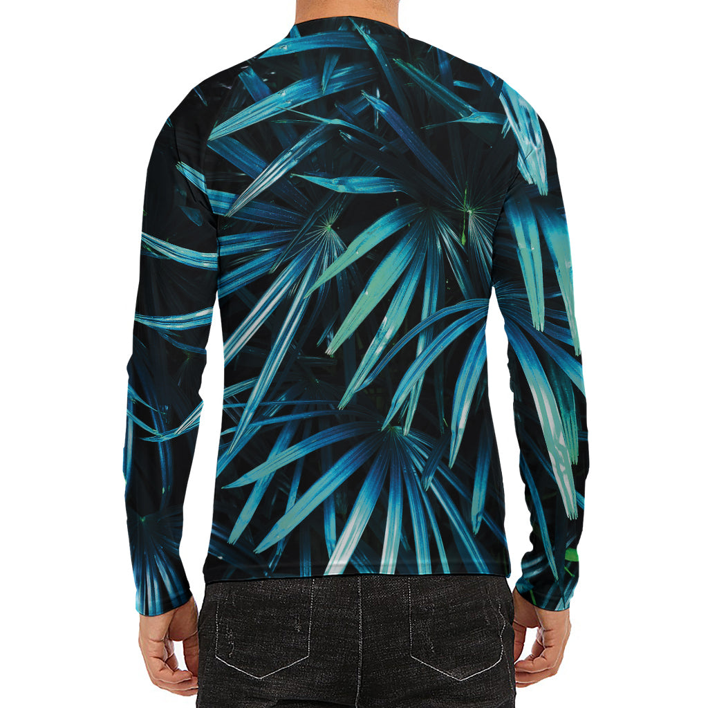 Turquoise Tropical Leaves Print Men's Long Sleeve Rash Guard