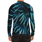 Turquoise Tropical Leaves Print Men's Long Sleeve Rash Guard