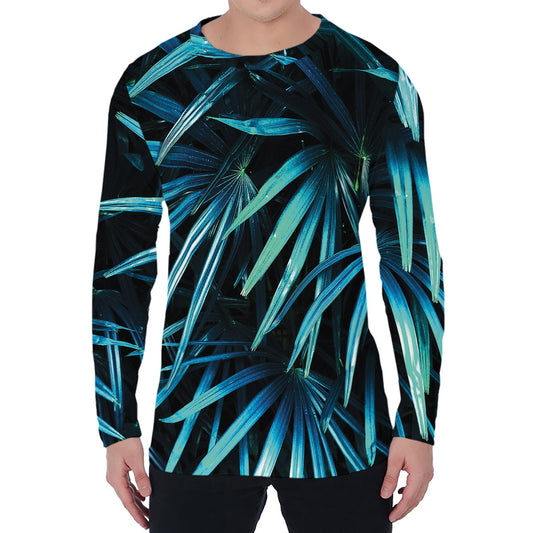 Turquoise Tropical Leaves Print Men's Long Sleeve T-Shirt