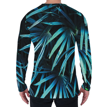 Turquoise Tropical Leaves Print Men's Long Sleeve T-Shirt