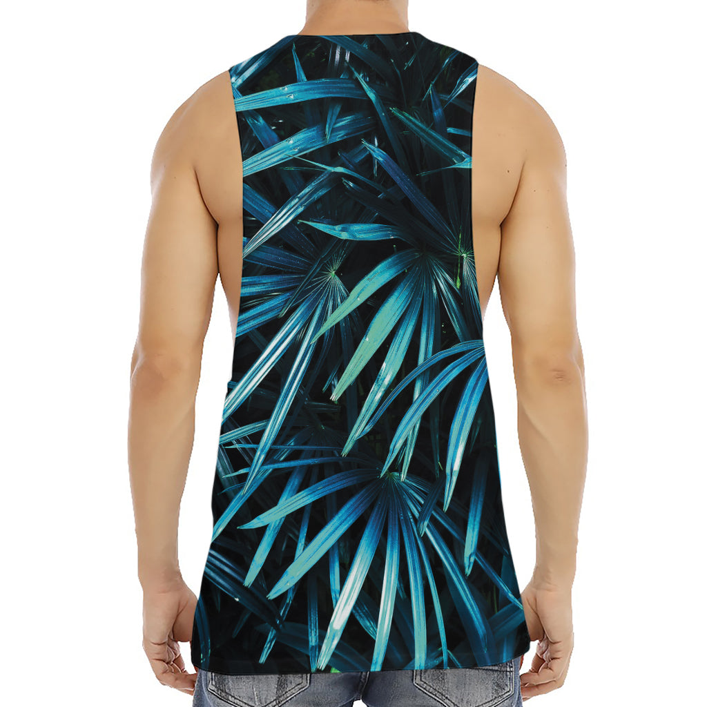Turquoise Tropical Leaves Print Men's Muscle Tank Top