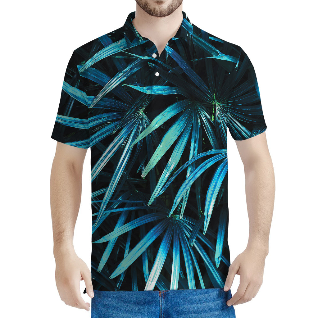 Turquoise Tropical Leaves Print Men's Polo Shirt